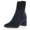 Navy blue ankle boot with a block heel on a white background
